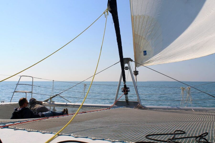 La Rochelle: Coastline Sailing Cruise - A broad catamaran with room to watch the bay